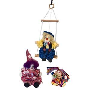 Clown Figurines Set 3 Wooden Swing Ceramic Wood Heads Cloth Body Yarn Vintage